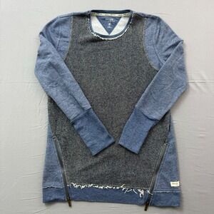 Kensie Performance Blue Mixed Media Tunic Sweatshirt Side Zip Distressed Small